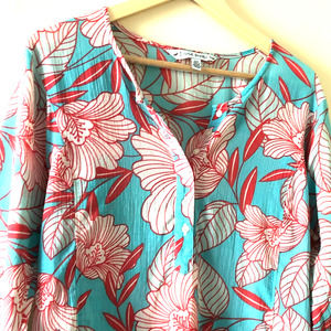 David Brooks Floral V-neck Blouse Turquoise Red Size M
